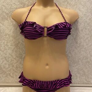 Victoria's Secret Fuchsia and Black Striped Ruffle Bikini